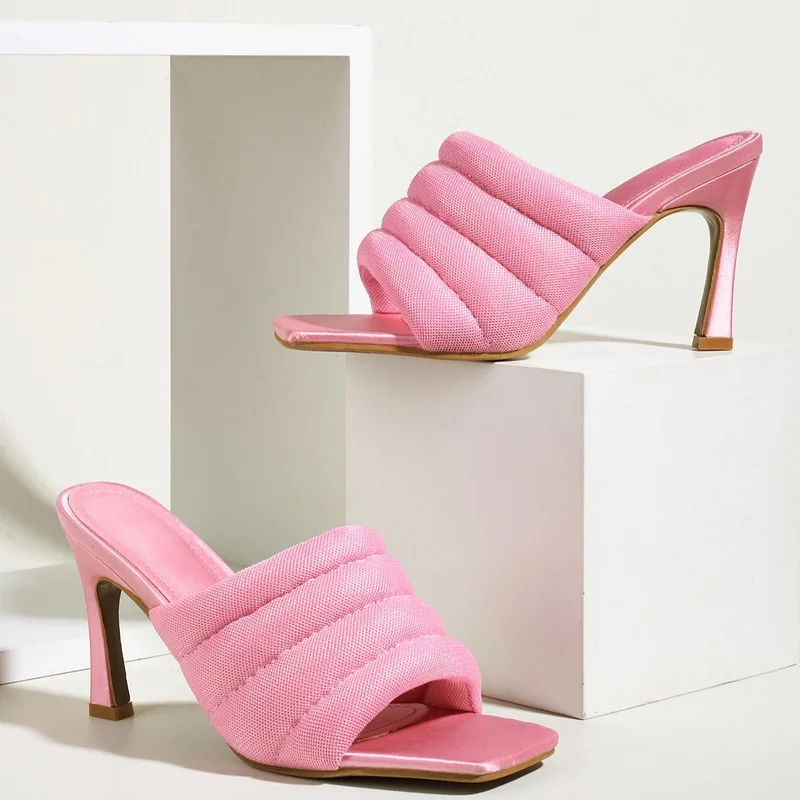 

Женские мюли на высоком каблуке, розовые сетчатые Мягкие Шлепанцы, квадратный носок, сланцы, классические туфли, лето 2022