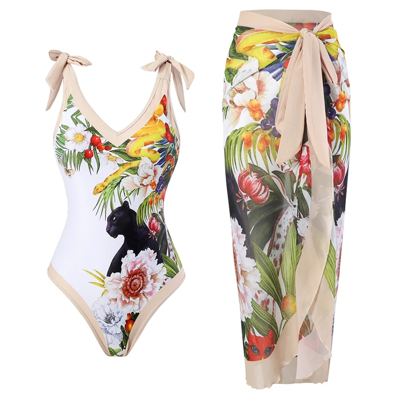 

Plunge V Neck One Piece Women's Push Up Swimsuit With Chiffon Sarongs Beach Wrap Cover Ups 2 Pack Bathing Suit Long Swimdress