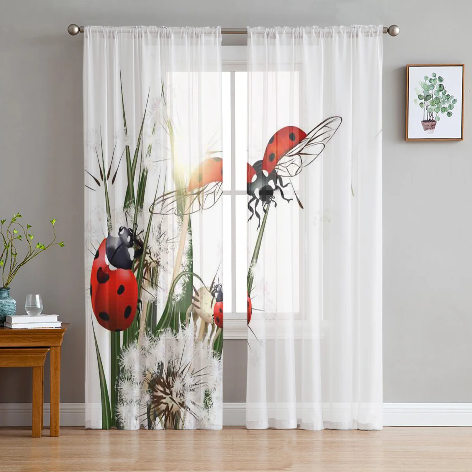 

Dandelion Ladybug White Sheer Curtains for Living Room Voile Curtain Bedroom Bathroom Tulle Curtains Window Drapes
