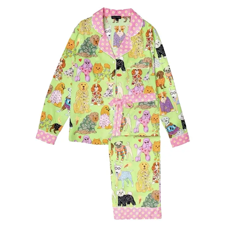 QWEEK Pajamas for Women Spring Autumn Sleepwear Loungewear Cute Cartoon Pet Dog Pijamas Pyjamas Two Piece Sets Home Clothes