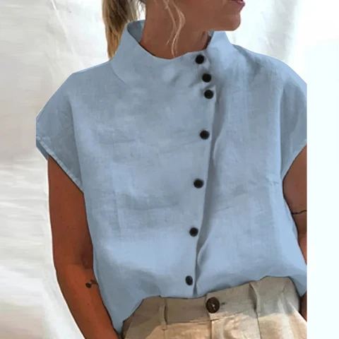 Women Summer Solid Cotton Linen Hollow Out Tops Casual Turtleneck Breathable Blouses Loose Short Sleeve Office Shirt Pullover