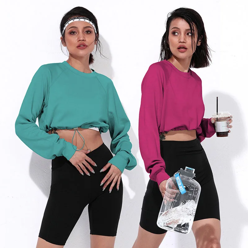 

Autumn Women Solid Yoga Crop Tops Hoodies Long Sleeve Casual O Neck Hooded Pullover Oversized Sweaters Waist Adjust Sweatshirts