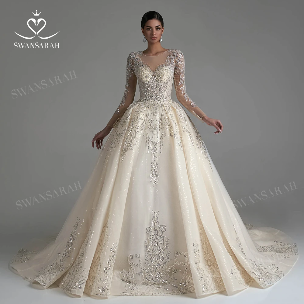 

Long Sleeve Ball Gown Wedding Dress 2023 Luxury Appliques Court Train Princess Bride SwanSarah N439 Plus Size Vestido De Novia