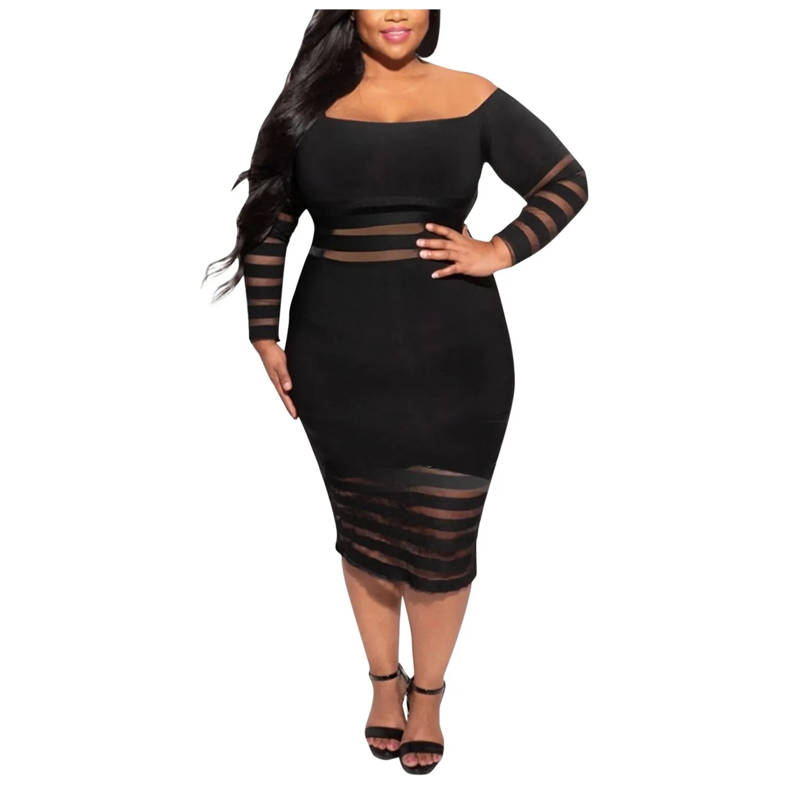 

Plus Size Dresses L-4XL Women's Oversize Dress Sexy Solid Color Long Sleeve Off Shoulder Mesh Stripe Stitching Elegant Dress