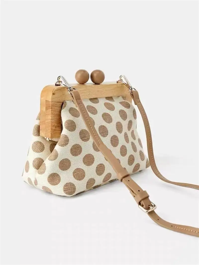 Retro Shell Bag for Women Wooden Clip Shoulder Crossbody Bag Dots Handbags Female Fashion Canvas Messenger Bags Shopper Purses