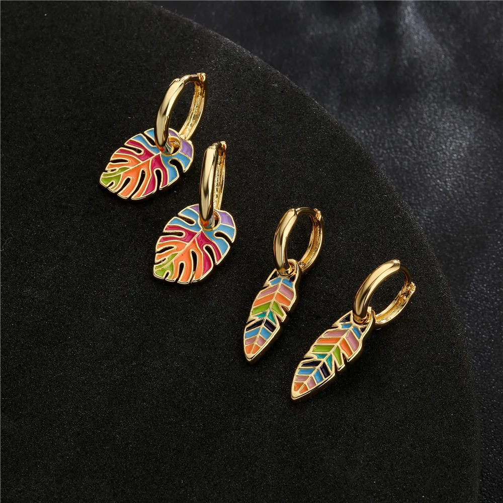 

New European And American Minority Design Fresh Retro Color Leaf Oil Dripping Earrings Plated 18K Gold Earrings