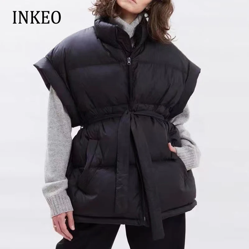 Korean Women Winter sleeveless vest Oversized Casual High neck Down jacket with sashes 2022 Autumn Ladies clothes INKEO 2O175