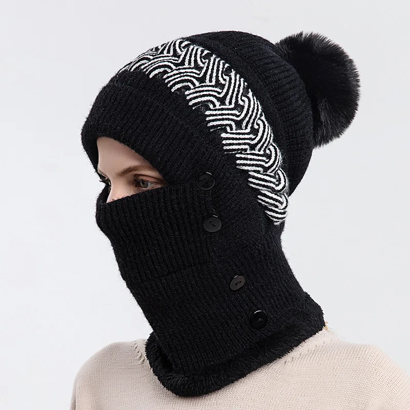 

Winter Knitted Hats Women Fur Cap Mask Set Thickened Warm Beanie Russian Caps For Outdoor Skiing Riding Men Women Plush Hat