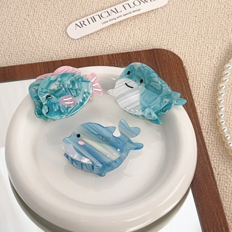 Модная симпатичная заколка для волос в форме синей рыбы 2024 из ацетата головной