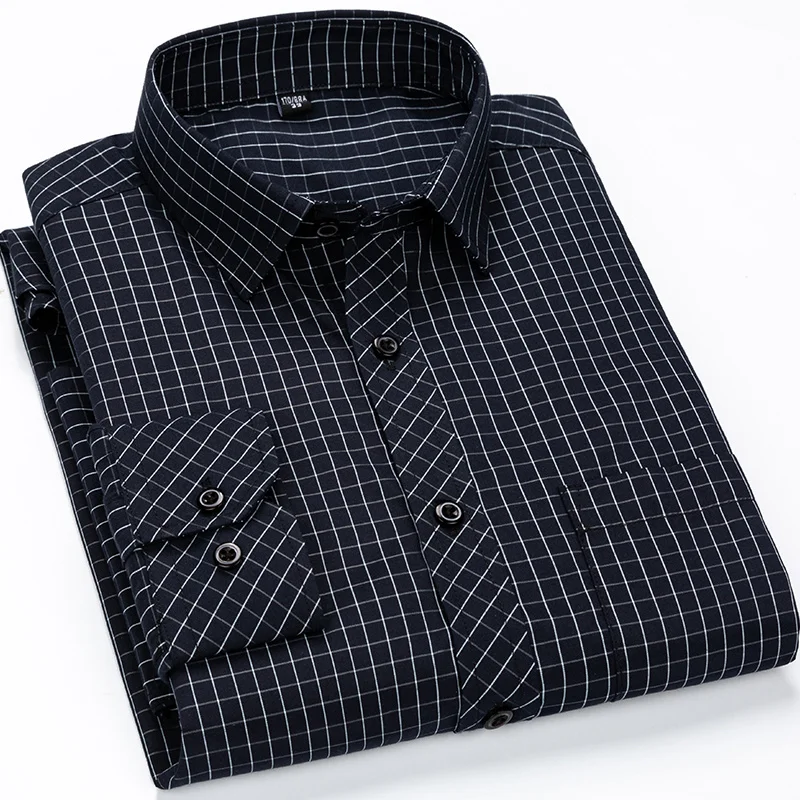 

Men's Classic Standard-fit Plaid/striped Social Office Dress Sirt Sinle Patc Pocket Lon Sleeve Formal Business Basic Sirts