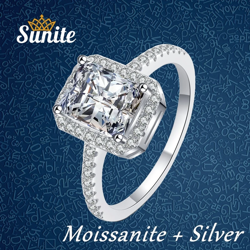 

Sunite US Size 1.0ct 2.0ct Moissanite Diamond Rectangle Ring for Women Men Radiant Emerald Cut 925 Sterling Silver Fine Jewelry
