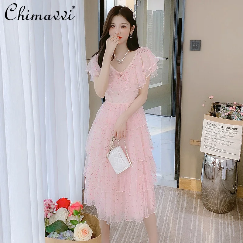 

Summer Ladies Dresses New 2022 Pink Sweet Mesh Polka-Dot Self-Tie Tight Waist Slimming Elegant Princess Cake Dress Women