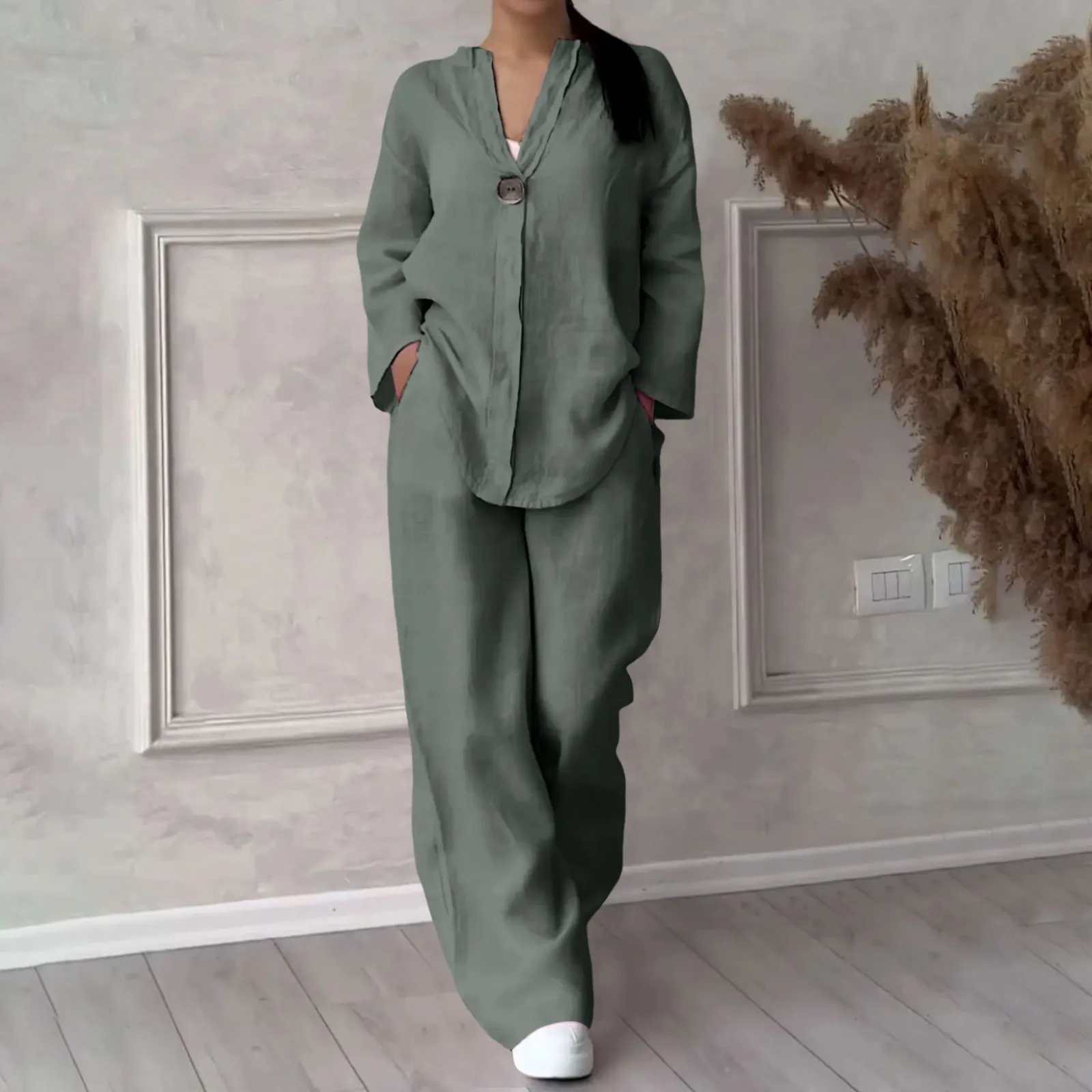 Женский Повседневный комплект из двух предметов блузка смешанного хлопка и