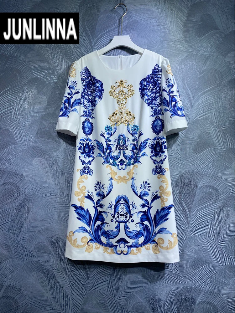 

Женское платье с круглым вырезом JUNLINNA, летнее платье-мини с коротким рукавом, украшенное стразами и бисером