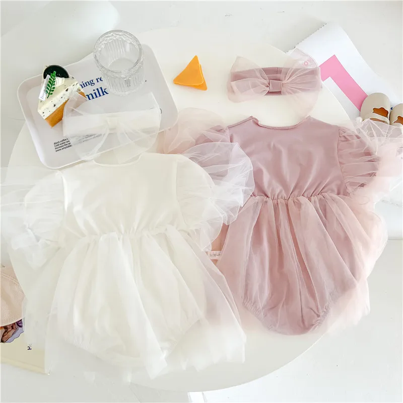 

RiniKinda Princess Newborn Baby Dress Romper Infant Toddler Mesh Short Sleeve Mesh PAtchwork O-neck Party Jumpsuit Tutu Dress