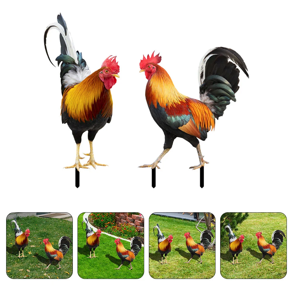 

2 Pcs Rooster Garden Decoration Metal Outdoor Decoration Adornment Ground Inserted Yard Stake Acrylic Ornament Lawn