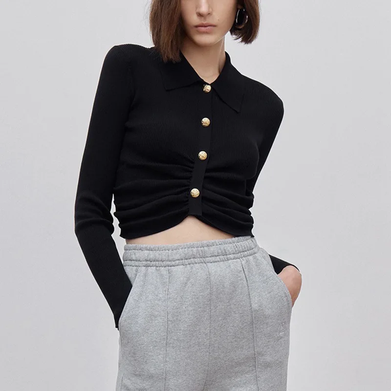 

2022 New 2 Color Lapel Long Sleeve Knitwear Short Women's Gold Button Pleated Temperament Slim Thin Knitted Cardigan