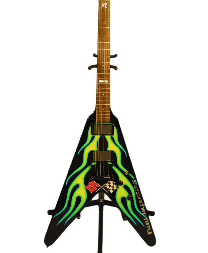 

MetallicJames Hetfield JH-1 Hot Rod Flying V Green Flames Electric Guitar Corvette Flag,Ninja Star Inlay, China EMG Pickups,