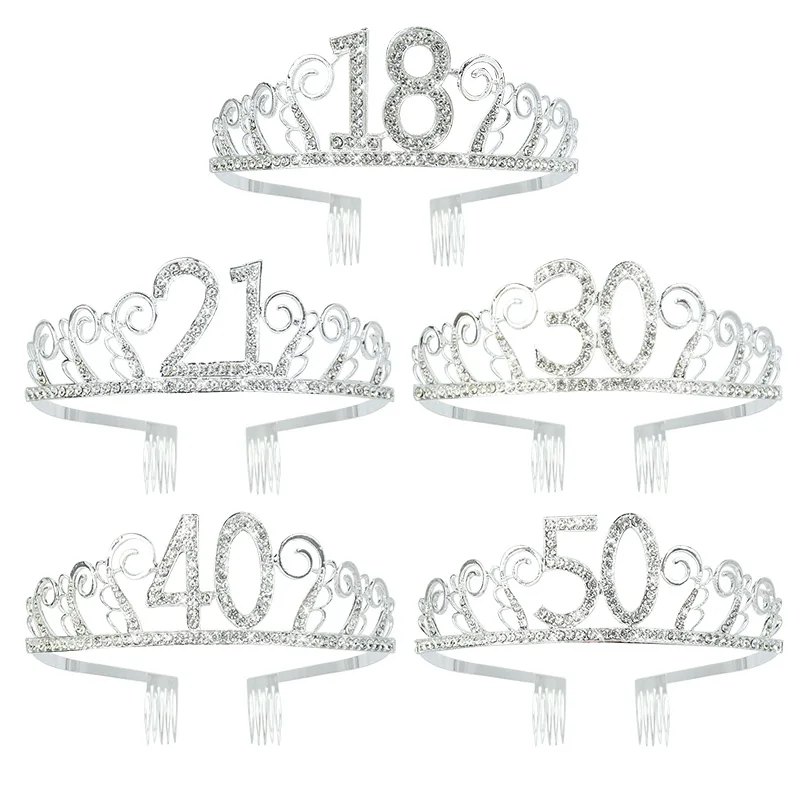 Princess Crown Headband Crystal Tiaras 18/21/30/40/50 Women Girls Birthday Anniversary Party Diadem Rhinestones Hair Accessories