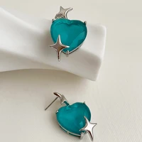 allnewme korean blue color shinning clear crystal love heart pendant earrings for women ladies alloy star earrings accessories
