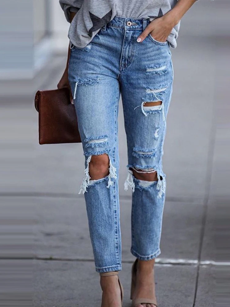 

Fashion Pant Denim Jean Girls Ripped Jeans Lady Trousers Streetwear Women Pant Casual Jeans High Waist Ripped Hole Denim Pants