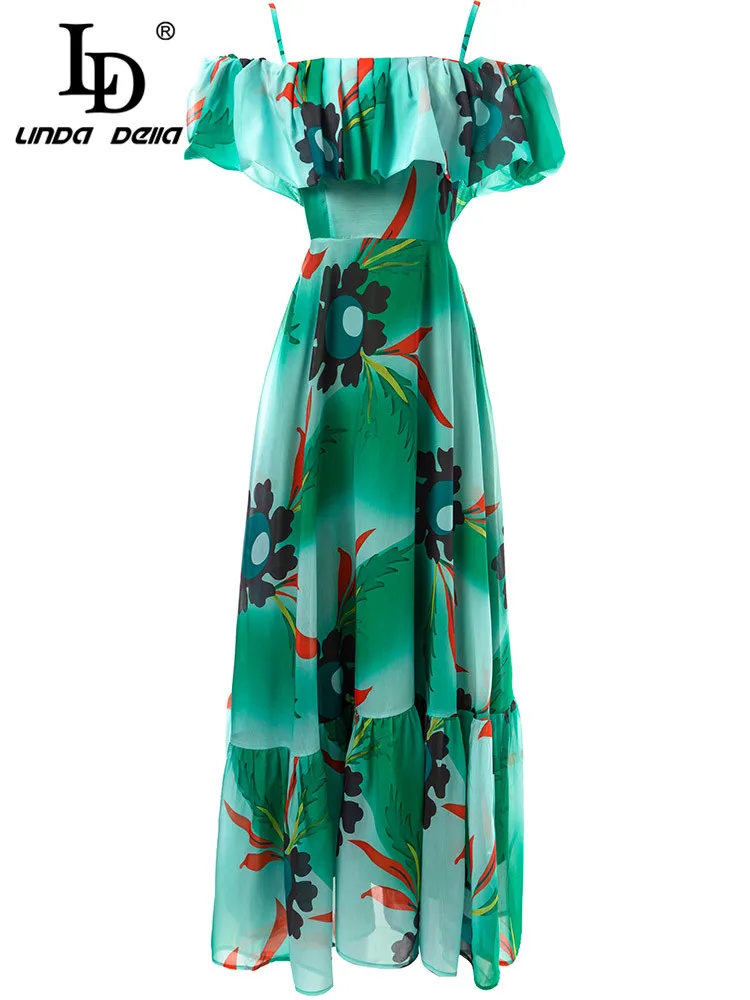 

LD LINDA DELLA New 2023 Summwe Runway Fashion Dress Women Spaghetti strap Ruffles Flower Print Vintage Vacation Party Midi Dres