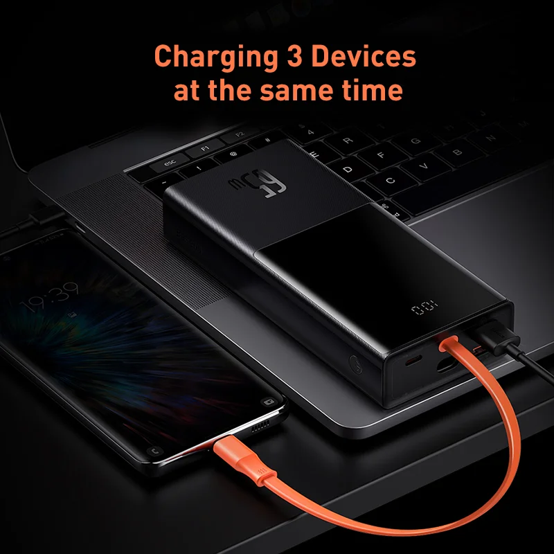 Najtaniej Baseus 65W Power Bank 20000mAh Z Kablem Dwukierunkowym Typu C Bateria Zewnętrzna Do Telefonu I Notebooka, Trzyportowe Szybkie ładowanie