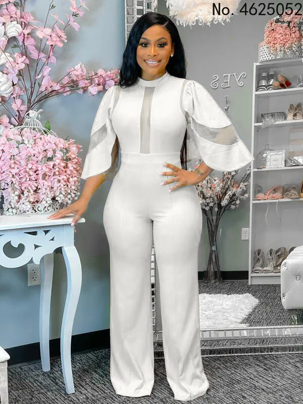 

Женские сексуальные прозрачные сетчатые комбинезоны в стиле пэчворк 4xl с рукавом-накидкой свободные широкие брюки бандажные Комбинезоны К...