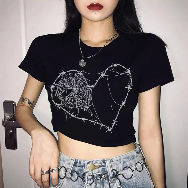 

Slim fit Harajuku Kawaii Sweet Girl Tops Women's Clothing Sunmmer Love Print Tees Y2k Cartoon Gothic Streetwear Crop top T-Shirt