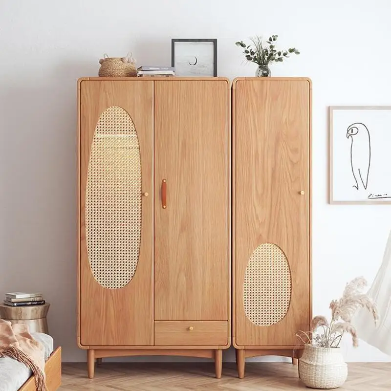 

European-style rattan wardrobe simple small apartment home bedroom storage cabinet double door light luxury modern solid wood wa