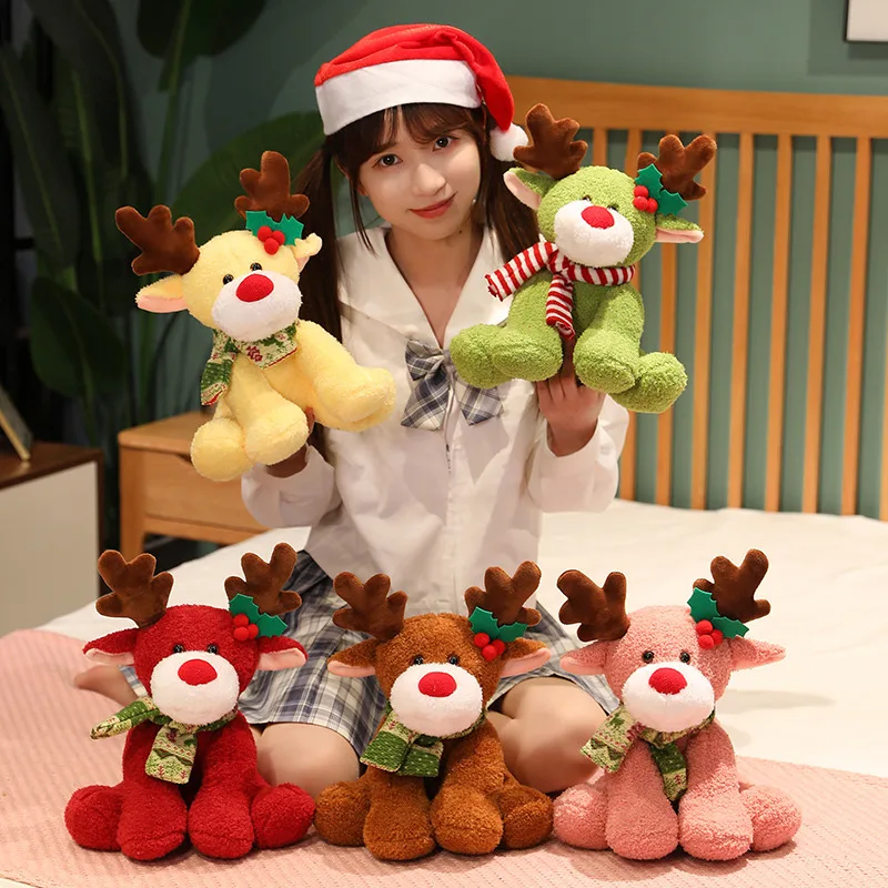 

1Pc 32CM Lovely Plush Christmas Elk Toys Cute Sitting Deer with Scarf Dolls Stuffed Soft Animal Pillow Children Girls Xmas Gift