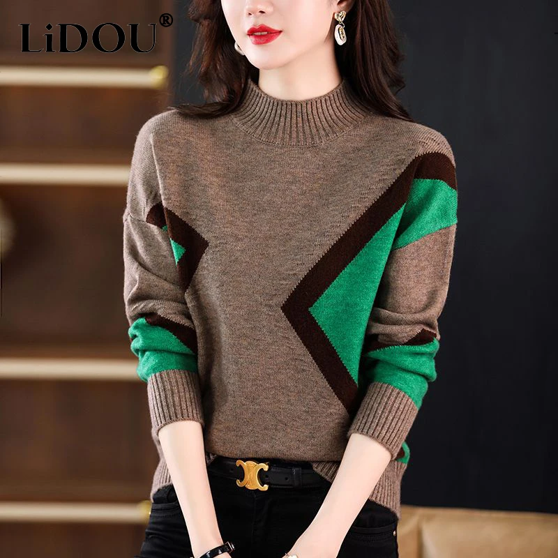 

Autumn Winter Half High Collar Contrast Color Sweater Female Loose Casual Oversized Pullover Knitted Top Women All-match Jumpers