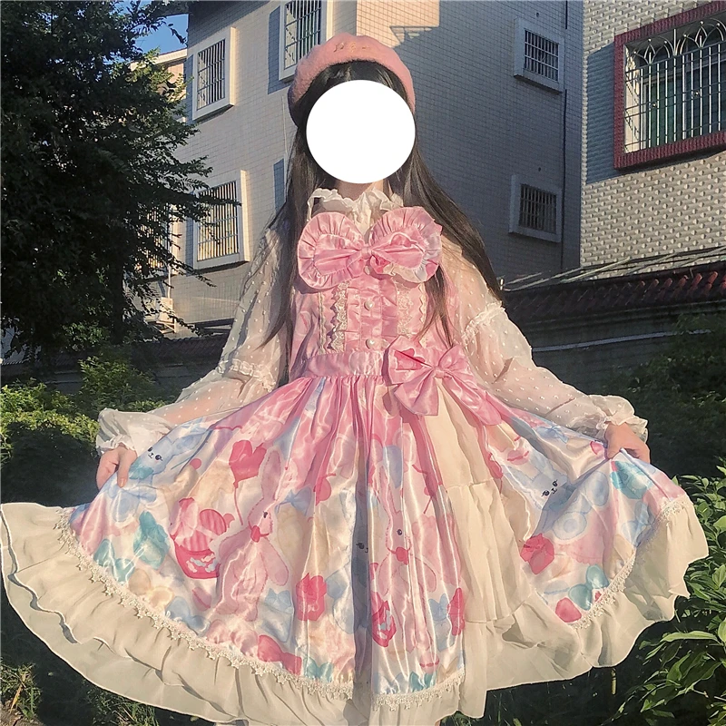 

Французское винтажное платье в стиле Лолиты, милое платье в японском стиле Лолита с бантом и рюшами, милое платье на бретельках, праздничное...