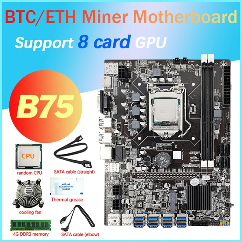 B75 8 Card GPU Mining Motherboard+CPU+Fan+Thermal Grease+4G DDR3 RAM+2X SATA Cable 8X USB3.0(PCIE) LGA1155 DDR3 SATA3.0