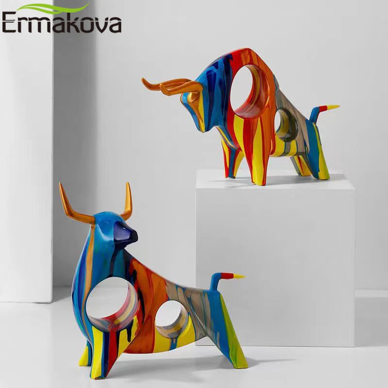 

ERMAKOVA Colorful Cattle Animal Ox Statue Home Decor Living Room Bull Sculpture TV Cabinet Ornament Crafts Abstract Figurine