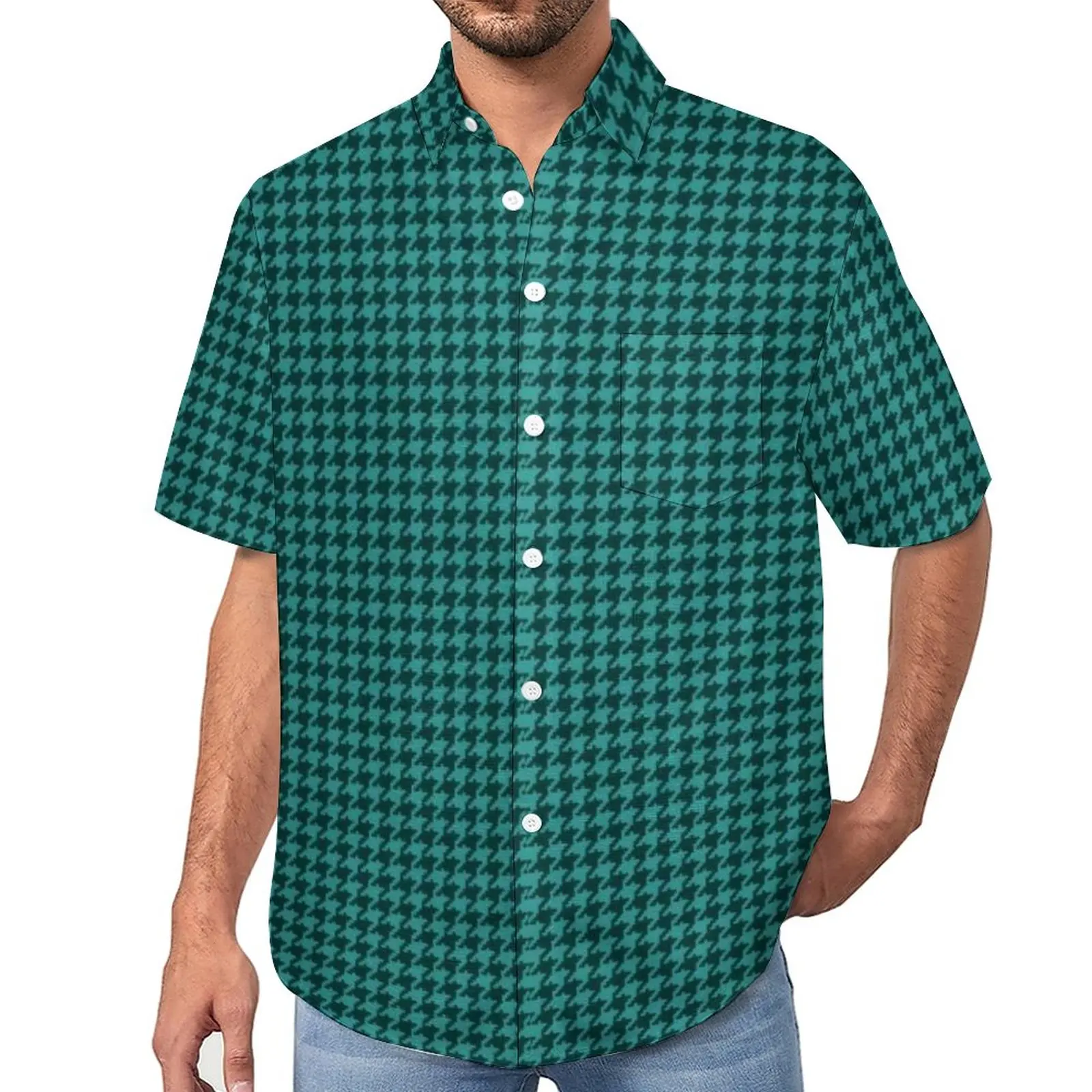 

Зеленая, черная пляжная рубашка с рисунком «гусиные лапки», модные Гавайские повседневные рубашки с маленьким рисунком, мужские винтажные блузки, дизайнерская одежда с коротким рукавом