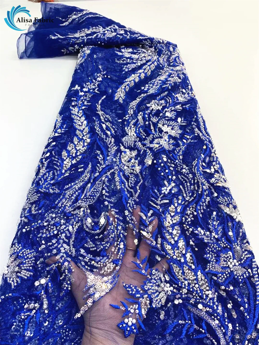 

Elegant Heavy Beaded Lace Fabric Handmade Wedding Sequence African Tulle Mesh Lace Fabrics With Pearls For Dress Sew