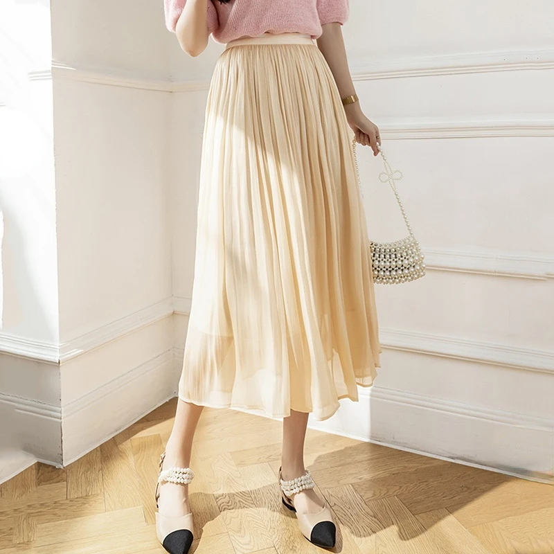 

New Fashiom High Waist A-line Tulle Pleated Skirt Summer Casual Elastic Waisted Long Skirt Solid Color Ladies Elegant Skirts
