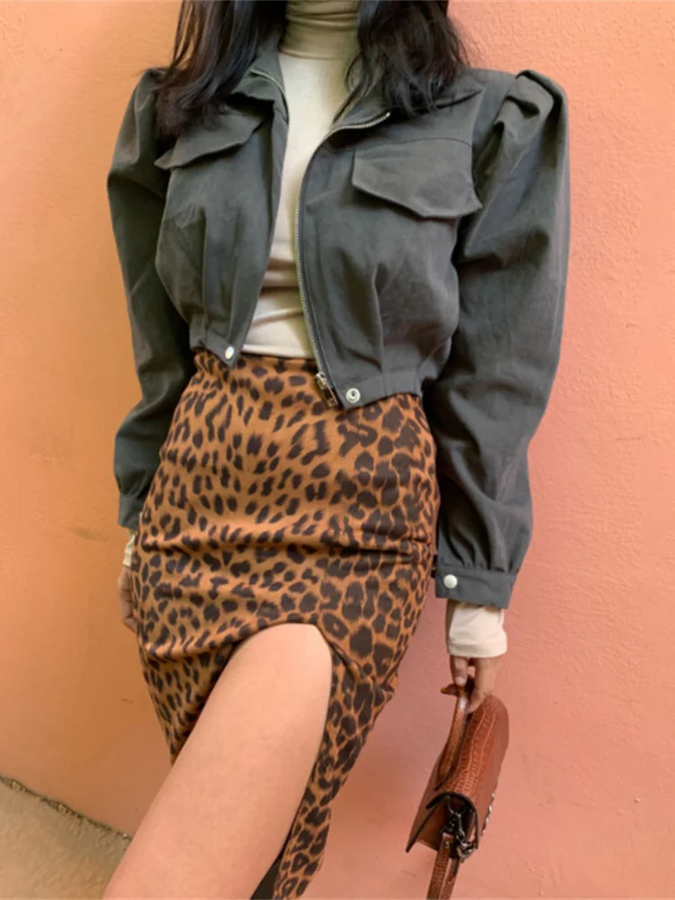 

2022 New Fashion Leopard Print Front Slit Half Body Bag Hip Skirt Casual A-line Temperament Commuting Slim Stitching Suede Skirt