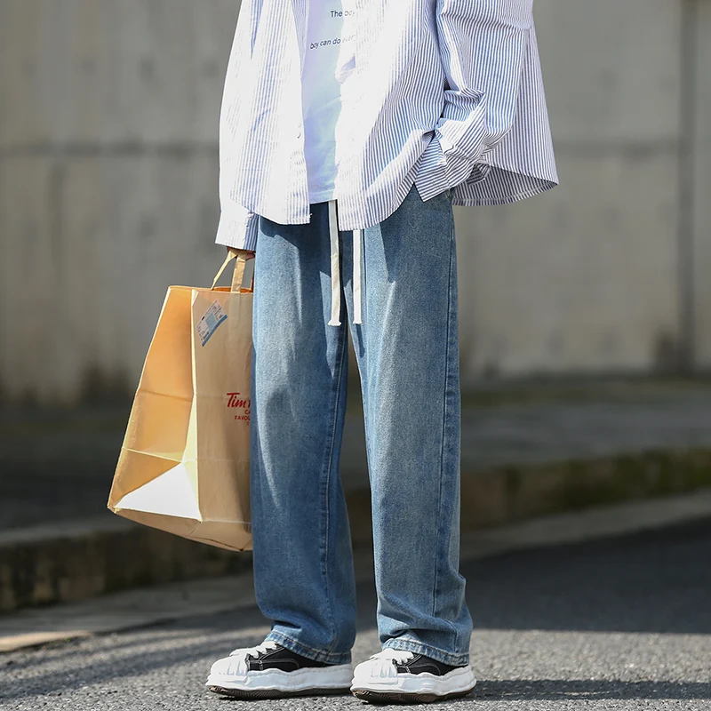 

Новинка Весна 2023, мужские синие мешковатые джинсы в стиле ретро, повседневные эластичные свободные джинсы на шнуровке, уличные прямые джинс...
