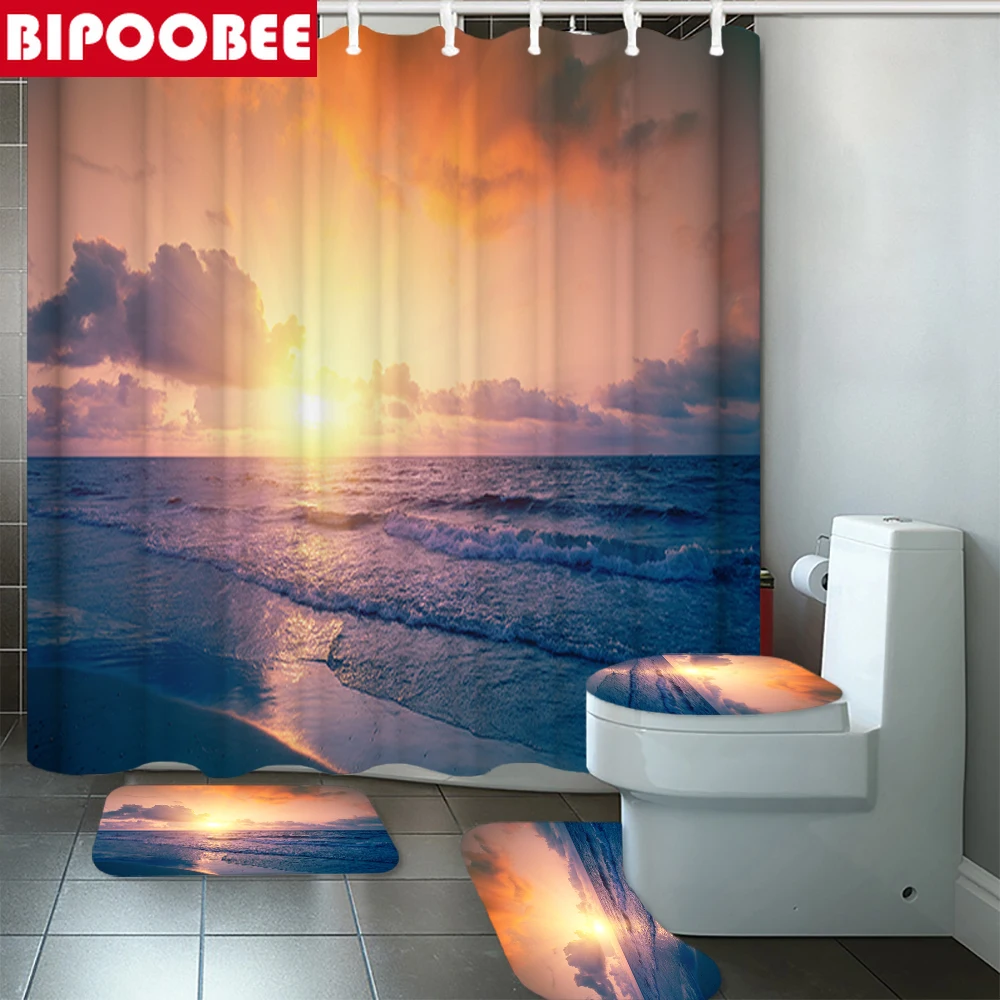 

3D Beach Print Shower Curtain Ocean Sea Landscape Modern Bathroom Curtains Toilet Lid Cover Bath Mat Non-Slip Rug Home Decor