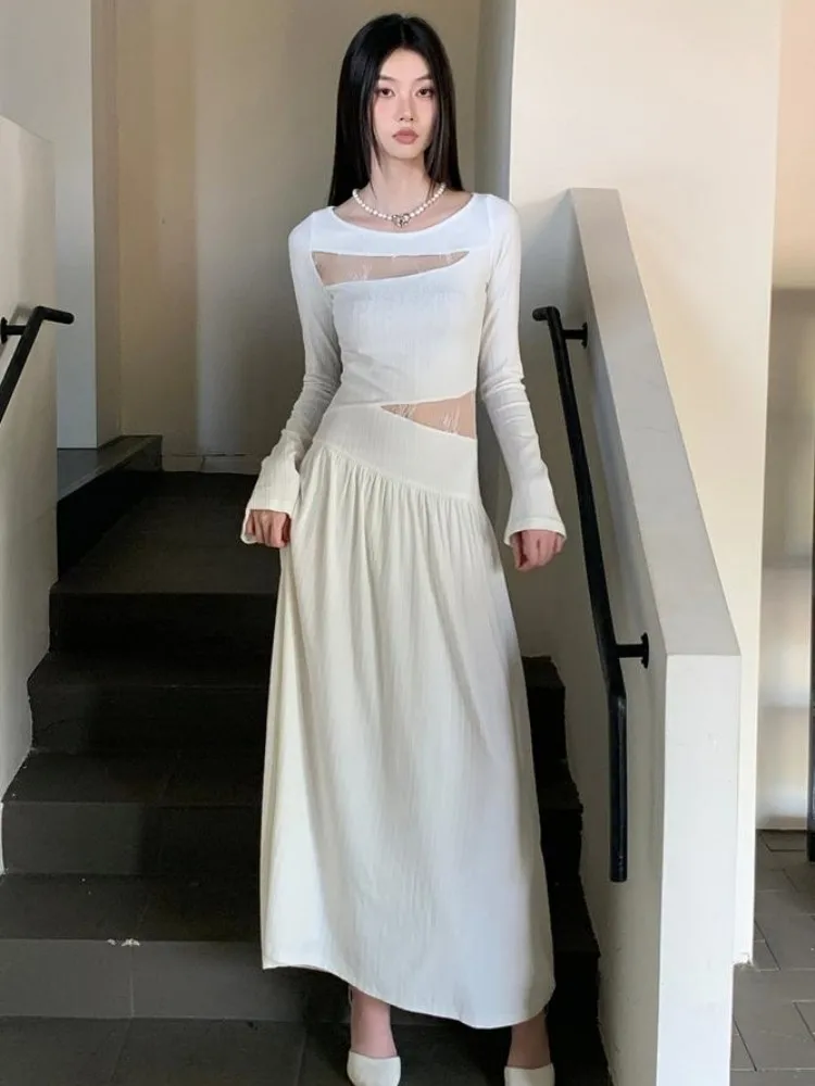 Кружевное белое длинное платье женское в новом стиле на весну и осень эффектное