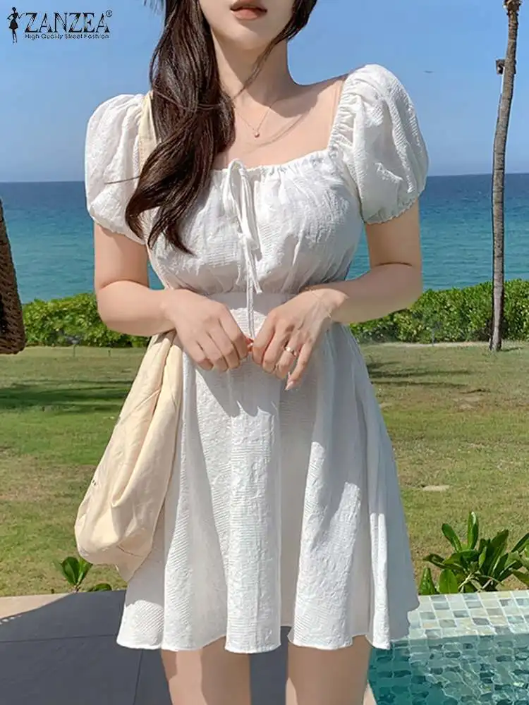 

Women Mini Dress Korean ZANZEA Elegant Fashion Square Neck Puff Sleeve Short Robes 2023 Summer Textured Vestidos Pink Sundress
