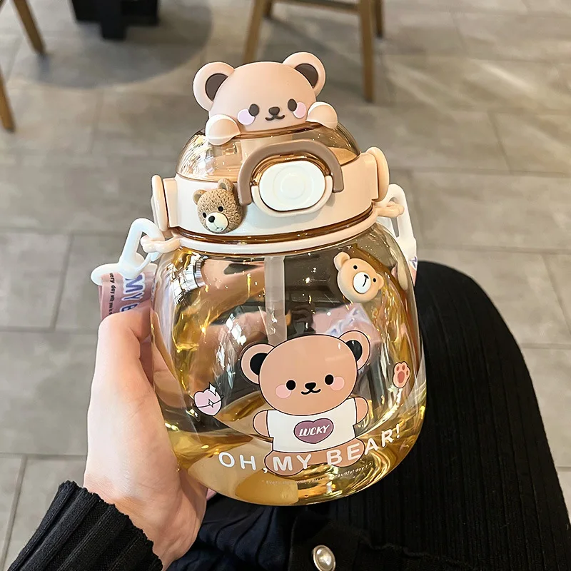 

1.3L Tumbler With Straw Cute Water Bottle For Girl Kid Large Capacity Mug Outdoor Sport Drinking Kettle Portable Kawaii Bear Cup