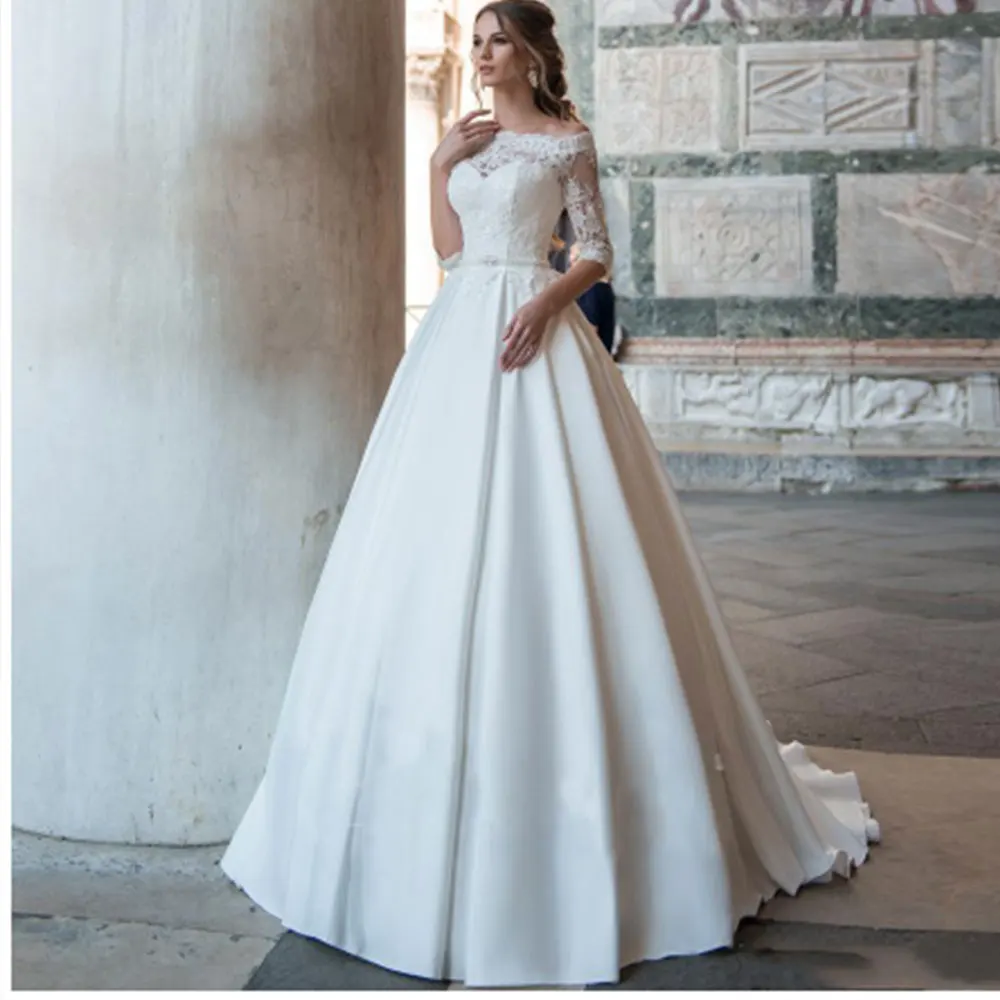 

Princess Wedding Dresses Satin Lace Off The Shoulder Half Sleevs Bride Dresses Lace Up Back 202 For Women Robe De Mariee Summer