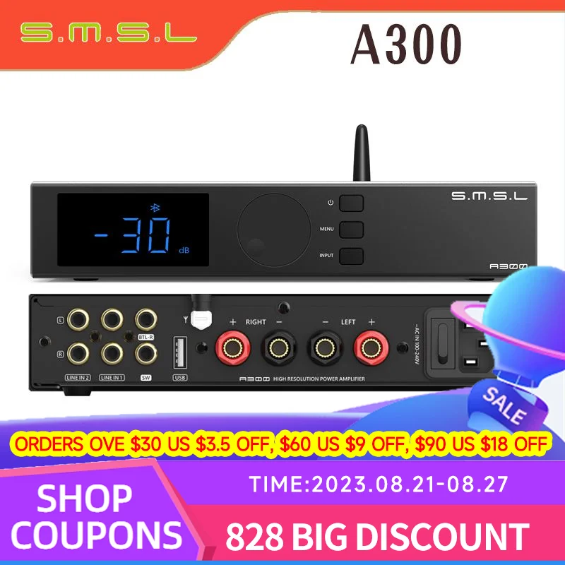 

SMSL A300 Hi-res Bluetooth 5.0 Power Amplifier 2.1 Audio system HIFI AMP 165W*2 BTL 330W SDB Patented Sound Effects Subwoofers