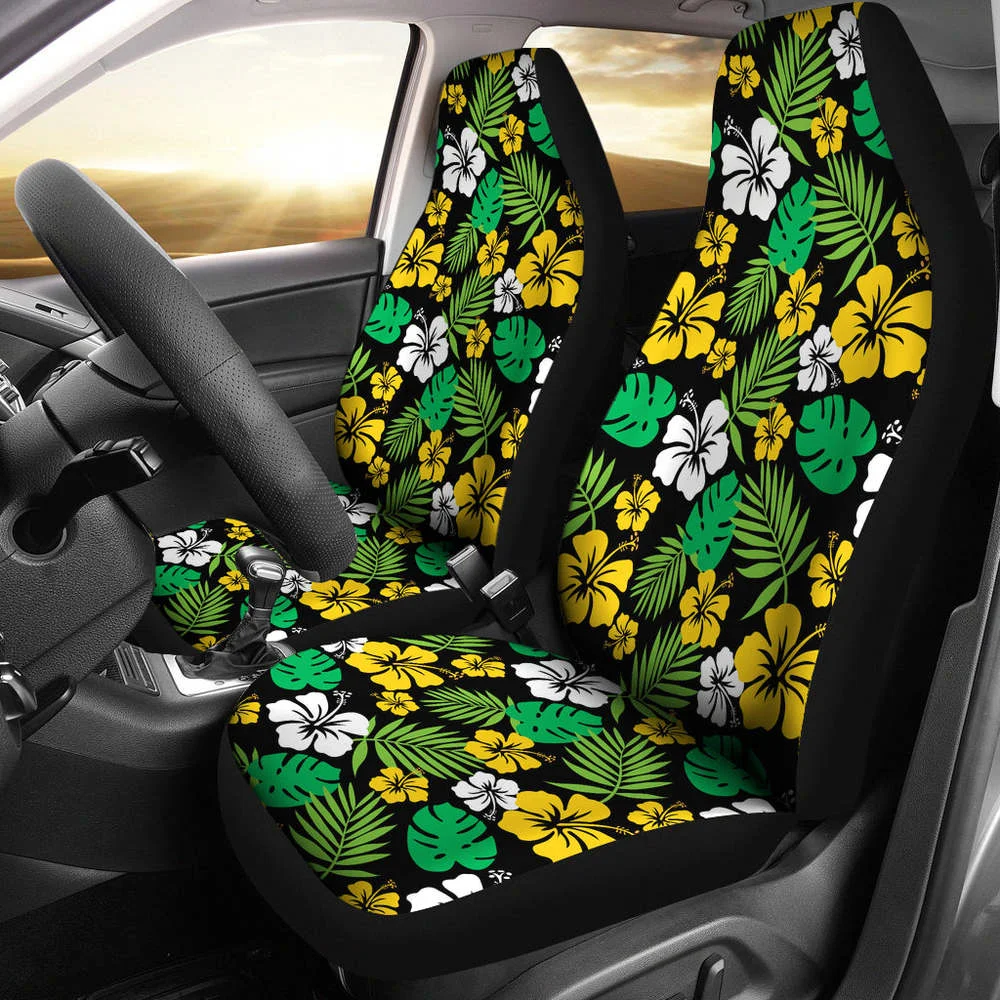 

Golden Yellow Hibiscus Flower Car Seat Covers In Hawaiian Tropical Pat,Pack of 2 Universal Front Seat Protective Cover
