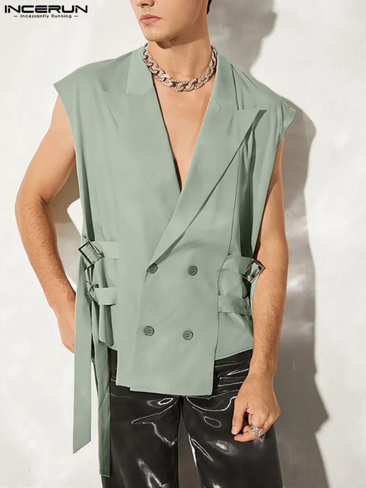 

Мужской однотонный двубортный жилет на шнуровке, повседневный тонкий двубортный жилет с отложным воротником и длинным рукавом, 2022