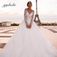 2022 new whiteivory elegant wedding dress princess ball gown scoop neck long sleeves tulle illusion vestido de noiva for women