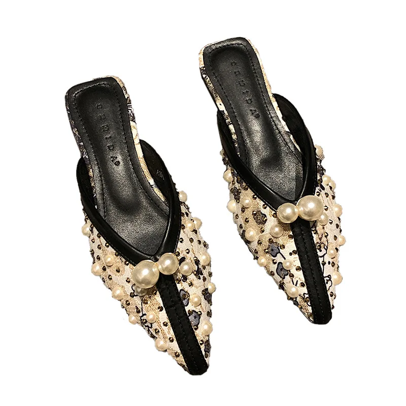 

Summer half slippers women's 2022 new fashion point-toe pearl rhinestone women's shoes outer flat sandals